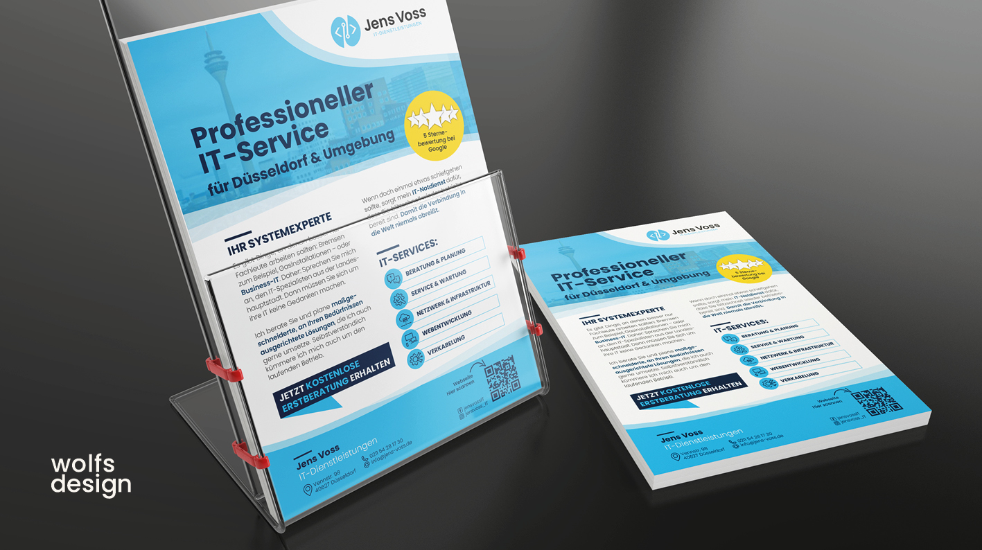 Flyer für professionellen IT-Service Broschüre und Aufsteller mit Informationen zu professionellem IT-Service.