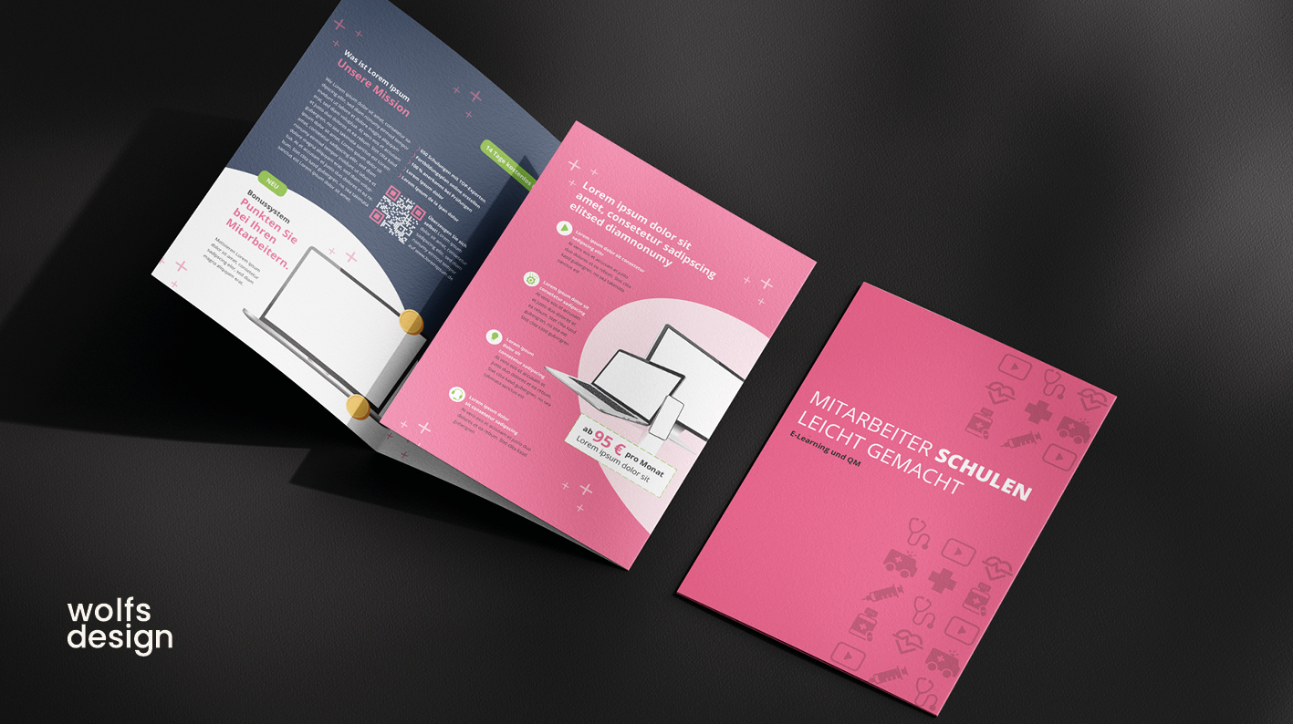 Flyerdesign aus dem Gesundheitsbereich Eine pinke und graue Broschüre mit Grafiken und Text auf einem dunklen Untergrund.