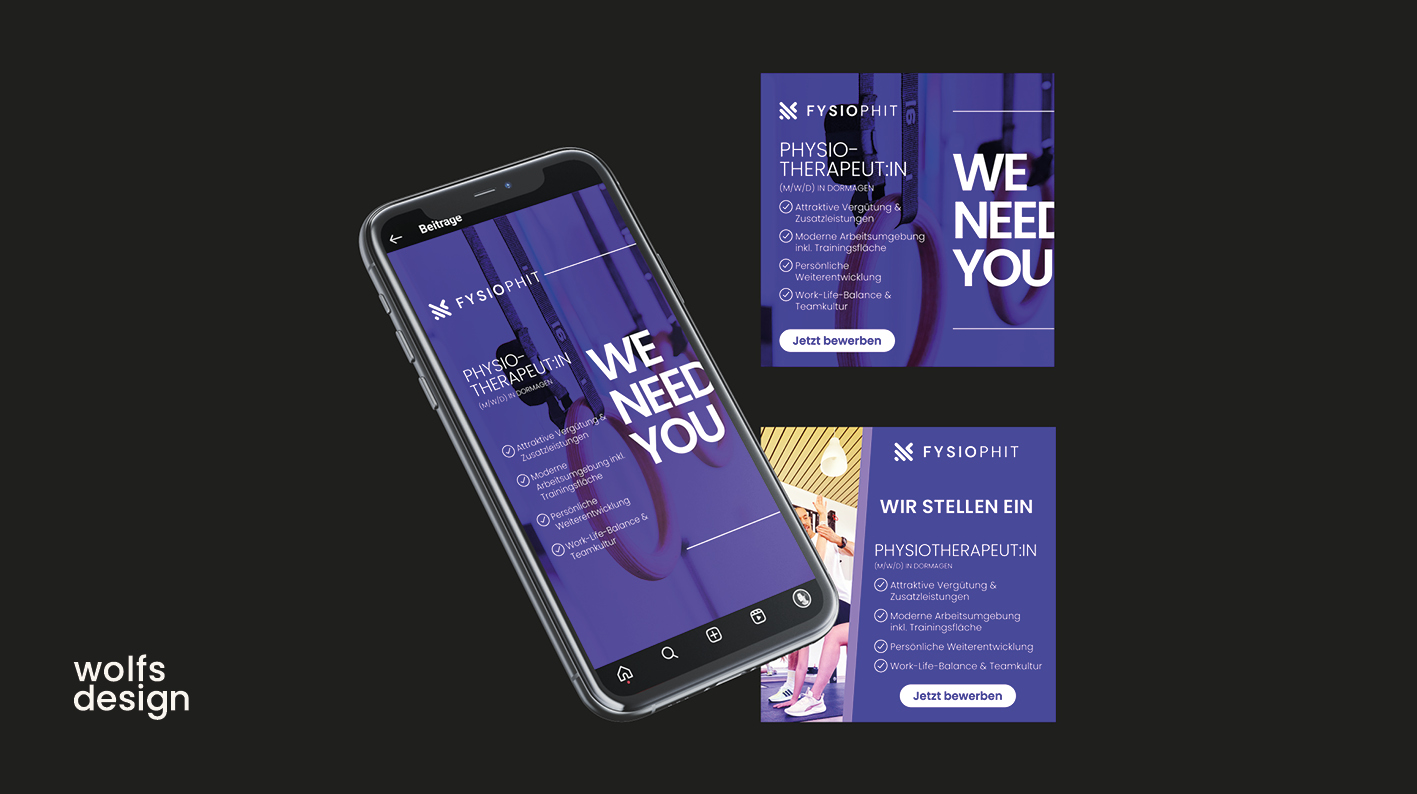 Social Media Post Gestaltung für Physiopraxis Smartphone-Display mit Social Media Posts in violett