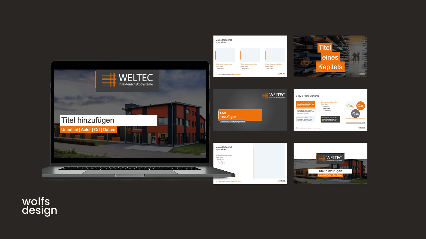 PowerPoint-Master Weltec Insektenschutz Präsentation eines PowerPoint-Masters inkl. Diagrammen und Grafiken auf einer Laptop-Bildschirmansicht in Schwarz und Orange.