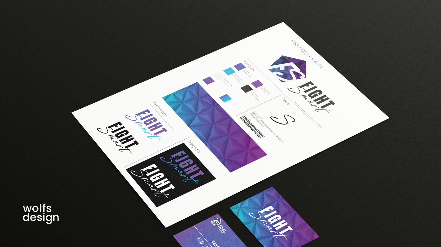 Logo und Corporate Design Erstellung FightSmart Visitenkarten- und Branding-Design in lila und blauen Farbtönen.