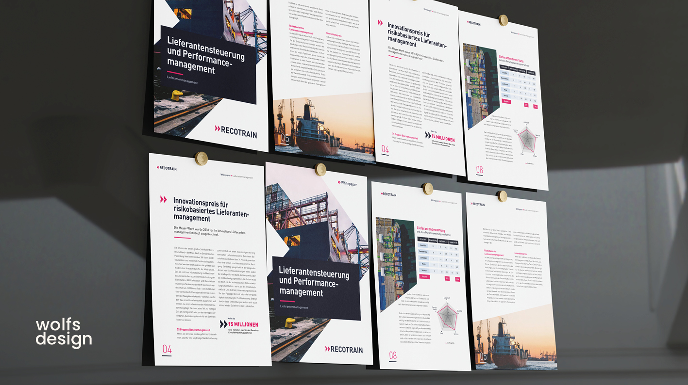 Whitepaper Recotrain Sechs Informationsblätter mit Text und Grafiken, an einer Wand befestigt.